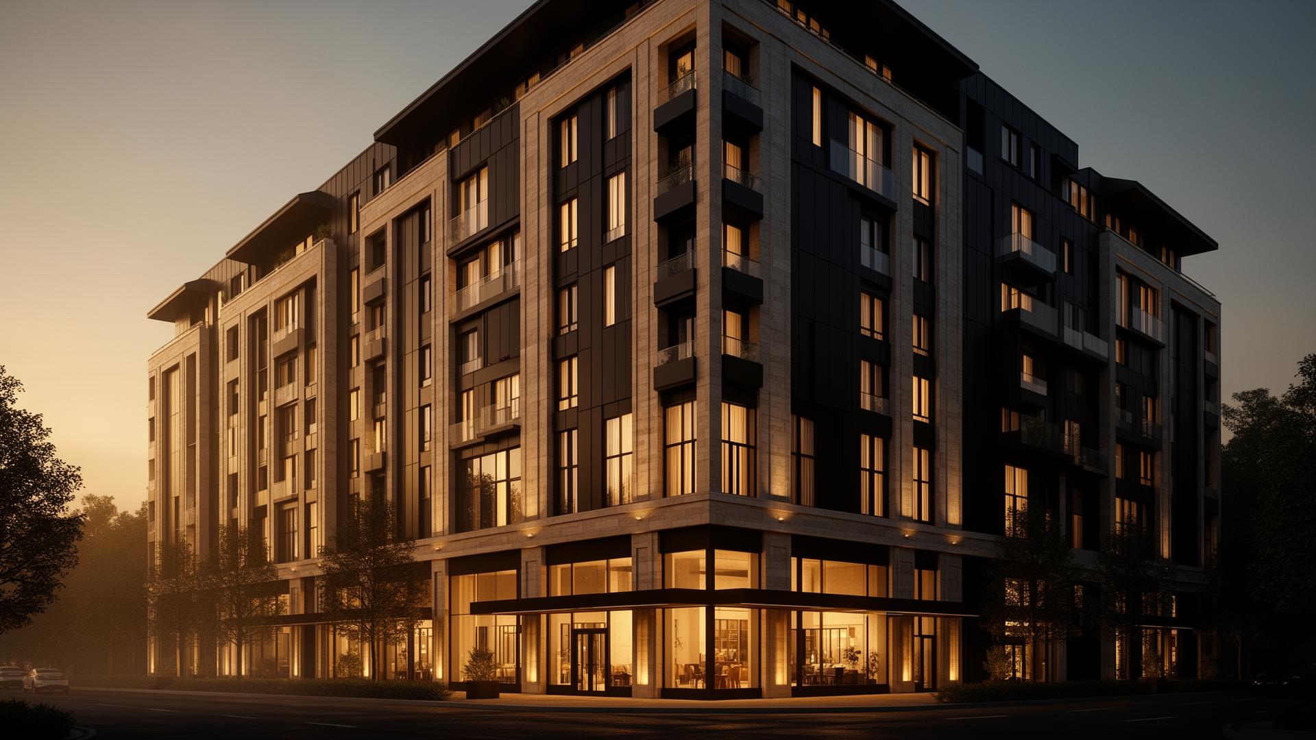 Luxury multifamily building at dusk